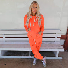 Costume décontracté ample à capuche et manches longues déchirées de couleur unie