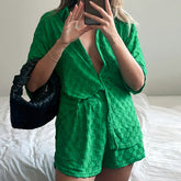 Jacquard Schwarz Weiß Plaid Street Shirt Zweiteiliges Set Casual Shorts Anzug