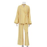 Women' Striped Long Sleeve Loose Lace up Top High Waist Trousers Casual Set