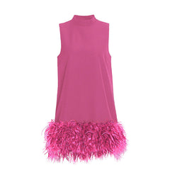 Australian BrShort StCollar Sleeveless Solid Color Stitching Hem Feather Dress