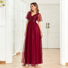 Robe de soirée élégante rouge vin à col en V, coupe trapèze dans le dos, fermeture éclair, coutures en maille, paillettes, manches courtes, robe de mariée