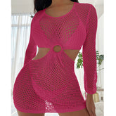 Lässiges, kurzes Urlaubskleid mit schmaler Taille, ausgehöhltem Ausschnitt, Rundhalsausschnitt, schmale Passform, langärmeliges Sonnenschutz-Strandkleid