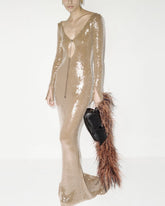 Beige Transparent Pailletten V-Ausschnitt Rückenfreies Glockenkleid Stretch Catwalk Two Way Wear