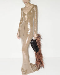 Beige Transparent Sequined V neck Backless Bell Stretch Dress Catwalk Two Way Wear