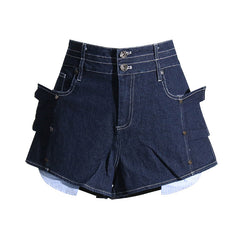 Short en jean taille haute amincissant bleu foncé à volants et rivets de couleur contrastée