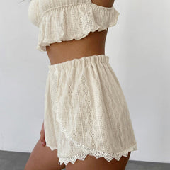 Hollow Out Cutout out Pajamas Two Piece Set Lace Lace Spaghetti-Strap Vest Shorts Ladie Homewear