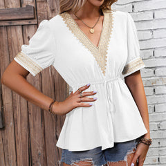 V neck Lace Short Sleeved T shirt Waist Trimming Shirt Elegant Chiffon Blouse