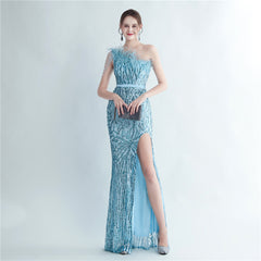 Schwere Industrie Straußenhaar Handwerk Perlen Haar Schräge Schulter Seite Schlitz High-End-Abendkleid