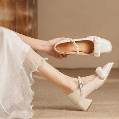 Women's Spring Square Toe Low-cut Thick Pearl Heels