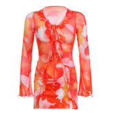 Vacation Printed Mesh Stitching Lightweight Stringy Selvedge Lace Up Long Sleeve Slim Fit Sheath Short Dress