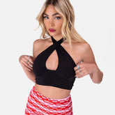 Rückenfreier, kabelloser Slim Fit-Neckholder, Criss-Cross-Typ, einfarbig, kurz, schwarz, Rundhalsausschnitt, kurze Weste, umwickelte Brust