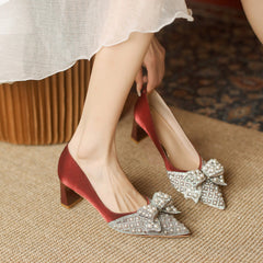 Bow Pointed High Thick Fairy Autumn Heels