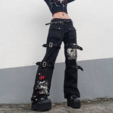 Pantalon drapé en denim à boucle métallique imprimé style street cool