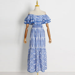 Elegant Lady Maxi Dress Double Layer Lotus Leaf Off Neck Embroidered Hollow out Maxi Dress