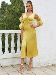 Robe de cocktail mi-longue jaune à col en V et coupe slim pour célébrités d'Internet