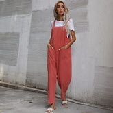 Trendy Cotton Linen Solid Color Sleeveless Sling Jumpsuit