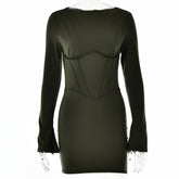 Backless Dress Crew Neck Long Sleeved Waist Hip Dress
