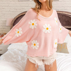 V Neck Floral Embroidery Loose Sweater Top