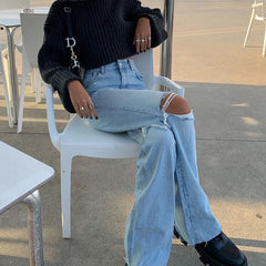 Pantalon large en denim, jean bootcut déchiré