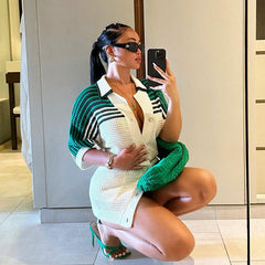 Knitted Collared Breasted Loose T shirt Striped Woolen Contrast Color Short Sleeve Large Plate Top