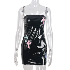 Stretch Leather Cross Embroidery Chest Wrapped Dress