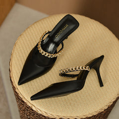 Women's Mules Chain Pointed Toe Mary Jane Stiletto Heels