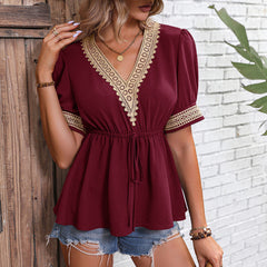 V neck Lace Short Sleeved T shirt Waist Trimming Shirt Elegant Chiffon Blouse