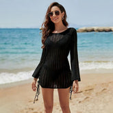 Hollow Out Cutout Knitted Long Sleeve Sun Protection Overshirt Beach Jacket Head Beach Cover Up Swimsuit Outwear