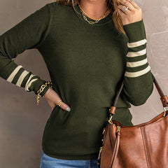 Green Striped Sleeve Plain Knitted Sweater Pullover Sweater