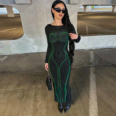 Printing Backless Slim Fit Round Neck Long Sleeved Dress
