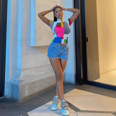 Street Hipster Halbrollkragen Kurzarm Geometrisch Abstrakt Bedrucktes Slim T-Shirt