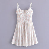 V-neck Brace A- line Dress Pleated Romantic Floral Print Lace-up Dress