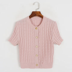 Round Neck Short Sleeve Sweater Twisted Pleach Twist Slim Single Breasted Short Top