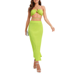 Backless Underwaist Skirt Solid Color Two Piece Set