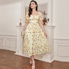 Elegant Mesh Square Collar Puff Sleeve High Waist Dress