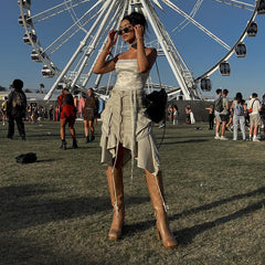 Street Irregular Asymmetric Pocket Skirt High Waist Skirt Lace up All Match Pleated Workwear Skirt