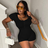 Zipper Short Sleeve Solid Color U Shaped Collar Tight Jumpsuit Sports Fitness Shorts