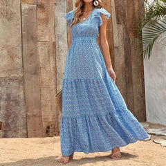 Bohemian V-neck High Waist Print Vacation Dress Stitching Floral Dress