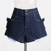 High Waist Slimming Dark Blue Rivet Ruffled Contrast Color Denim Shorts Pants