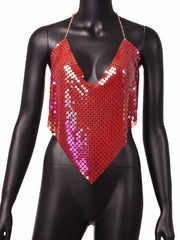 Criss Cross Mirror Bar Nightclub Backless Metal Crop Top Spaghetti Strap Tube Top