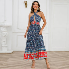 Crossover-Kleid mit Schnürung und Neckholder, überkreuzt, böhmisches Vintage-Blumenkleid