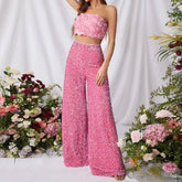 Pantalon amincissant taille haute en sequins de couleur unie, pantalon décontracté à jambes larges