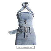 Halter off the Shoulder Short Denim Vest Slimming Sheath Skirt Two Piece Suit