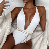 Beach Swimwear Solid Color V neck Backless Quick Drying One Piece Bikini Swimwear