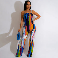 Spaghetti Strap Floral Print Contrast Color Slim Fit Hip Lifting One Piece Trousers