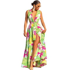 Bedrucktes, weites Swing-Kleid mit V-Ausschnitt und Schnürung