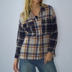 Loose Stitching Off Shoulder Plaid Long Sleeve Single Breasted T Shirt Sweater