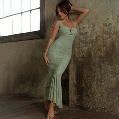 Suspender Stitching Dressable Tight Pleated Fishtail Dress