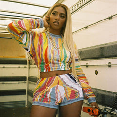 Collection Digital Printing Casual Long Sleeved Top Sheath Shorts Sets