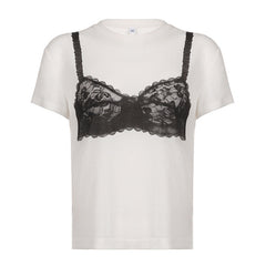 Street Lace Chest Cup Printed Basic T shirt Personalized Hip Hop Knitted Cotton Top